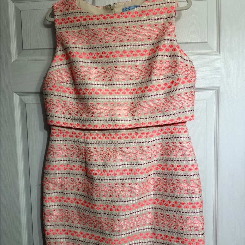 ANTONIO MELANI Cream and Coral Striped Sleeveless Mini Dress